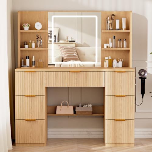 LIVELYGLOW 43" Large Natural Wood Makeup Vanity Desk with Charging Station | Fluted Design, Smart LED Mirror, Hairdryer Holder, 7 Drawers - color: Wooden/Fluted