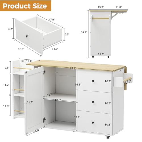 IRONCK Rolling Kitchen Island with Storage & Drop Leaf, 47.2" Kitchen Cart | with 3 Drawers, Spice Rack, Towel Rack, Storage Cabinet, Portable Mobile Island on Wheels, Black - color: White
