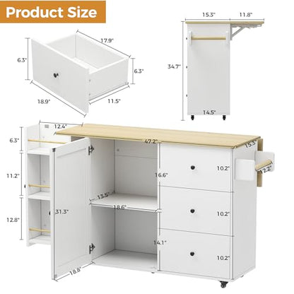 IRONCK Rolling Kitchen Island with Storage & Drop Leaf, 47.2" Kitchen Cart | with 3 Drawers, Spice Rack, Towel Rack, Storage Cabinet, Portable Mobile Island on Wheels, Black - color: White