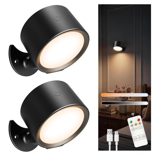 Rechargeable Wall Sconces, Renter-Friendly Peel & Stick (2PCS) | Long 160H Battery, 3 Color Temps, 4 Bright, Touch/Remote, 360° Rotate, for Bedroom, Living Room, Hallway, Reading (Black) - color: Black