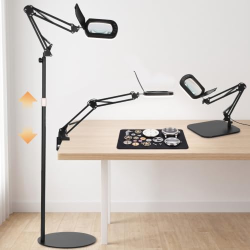 12X Magnifying Glass with Light, 3-in-1 LED Desk Lamp with Base Clamp & Floor Stand, 5 Color Modes Stepless Dimmable LED, Hands Free Magnifier for Reading, Crafts, Painting, Close Work