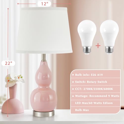 22" Table Lamp Set of 2, Color Temperature Adjustable Double Gourd Ceramic Lamps Classic Nightstand Table Lamps for Bedroom Beside Lamps for Living Room, Pink-Bulbs Included - color: 22.63" Pink Gourd