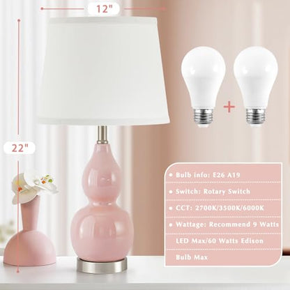 22" Table Lamp Set of 2, Color Temperature Adjustable Double Gourd Ceramic Lamps Classic Nightstand Table Lamps for Bedroom Beside Lamps for Living Room, Pink-Bulbs Included - color: 22.63" Pink Gourd