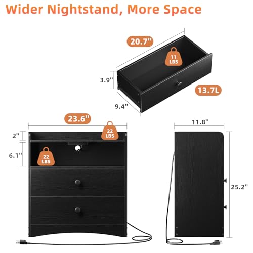 2 Pack Nightstand with Charging Station and LED Light, Black | Modern Nightstand, USB Ports, Outlets, Wooden Bedside Table, 2 Storage Drawers, Small Dresser, Bedroom, Small Space - color: Black, size: 2 Pack