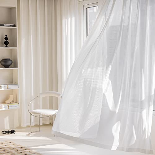 Jacquard 2 Panels Sheer Curtains 108 Inches Long, Semi Sheer Grommet Solid Casual Soft Voile Drapes with Light Filter Window Treatments for Bedroom Living Room, White, 52" W x 108" L | Jacquard Semi Sheer Grommet Solid Casual Soft Voile Drapes with Light