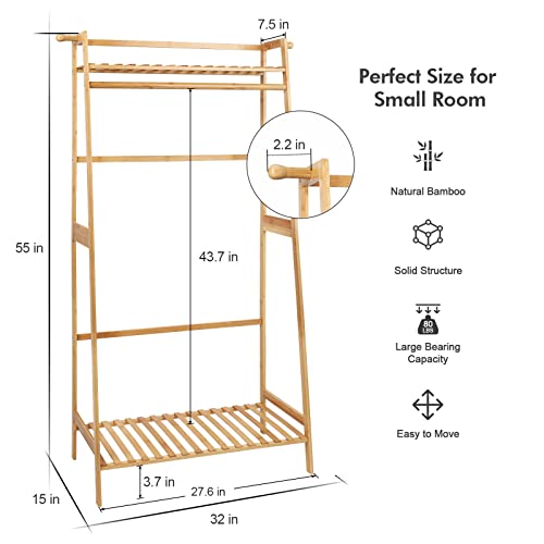 Ufine Bamboo Clothes Hanging Rack with 2 Tier Storage Shelves, 2 Coat Hooks | Portable Laundry Rack Closet Organizer Garment Rack for Bedroom Guest Room - size: 2 Tier