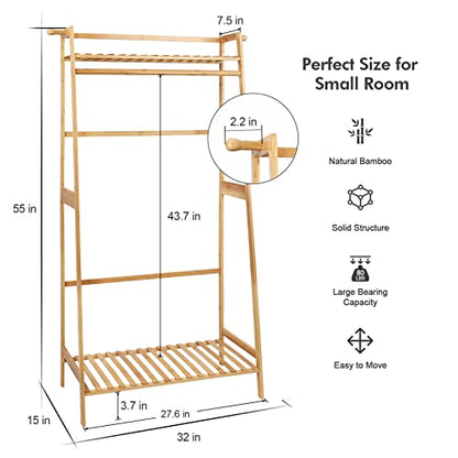 Ufine Bamboo Clothes Hanging Rack with 2 Tier Storage Shelves, 2 Coat Hooks | Portable Laundry Rack Closet Organizer Garment Rack for Bedroom Guest Room - size: 2 Tier