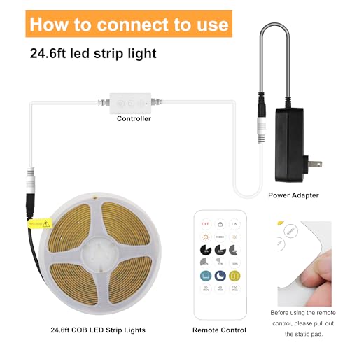 AXMOTUT COB LED Strip Light Warm White 24.6FT, High Bright LED Strips with 2400LEDs, RF Remote and UL Power Supply, 3000K Dimmable LED Lights for Bedroom, Kitchen, DIY Home Decoration - size: 3000K/24.6fT