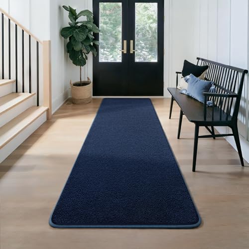 Runner Rug for Hallway, 2x8 Navy Blue Washable Non Slip Runner Rug | Memory Foam, Low Pile, Solid Minimalist, Soft Modern Indoor Carpet for Bedroom Kitchen Entrance Laundry Living Room - color: Navy Blue, size: 2' x 8' (Runner)