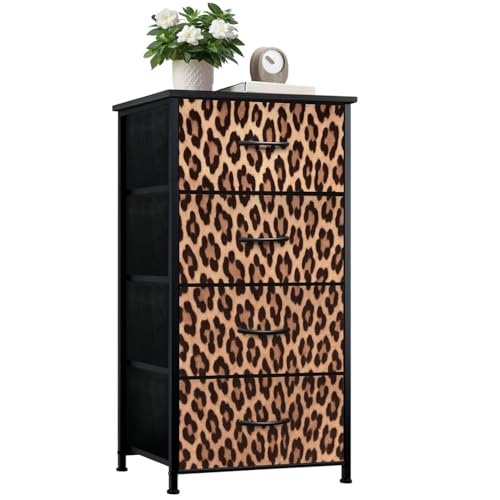 Dresser for Bedroom with 4 Fabric Storage Drawers, Leopard Seamless Imitation Leopard Skin Chest of Drawers for Closet, Living Room, Nusery, Hallway