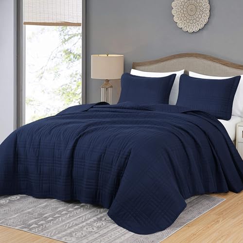 Chezmoi Collection Kingston Queen Size Bedspread Set, 3-Piece Navy Oversized Quilted Microfiber Lightweight Bedspread Coverlet (100"x106") for All Seasons - color: Navy, size: Queen