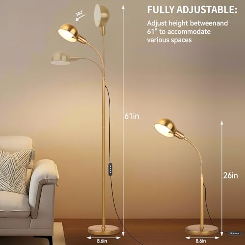 Ruiever Gold Floor Lamp with Flexible Gooseneck and Rotatable Shade，Standing Lamp Include Dimmer LED Bulb，Ideal Tall Lamp with Dimmer and Timer Switch for Reading,Bedside and Living Room (Gold) - color: Gold