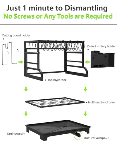 2-Tier Foldable Dish Drying Rack with Drainboard, Stainless Steel Large Capacity Kitchen Counter Organizer with Cup Holder, Utensil & Cutting Board Storage, No Assembly Required, Black
