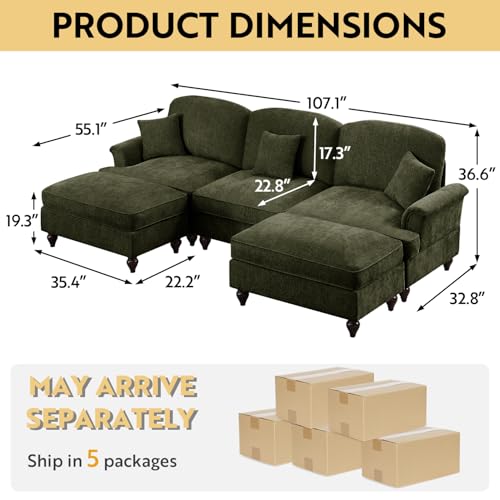 Modular Sectional Sofa Couch, Comfy Chenille Sofa with Removable Ruffled Skirt, Flared Armrests, Sturdy Legs, Convertible Sectional for Living Room, Bedroom, Apartment (Green) - color: Green, size: 107.1 Inch U