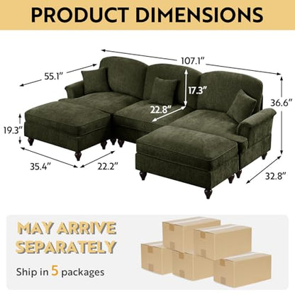 Modular Sectional Sofa Couch, Comfy Chenille Sofa with Removable Ruffled Skirt, Flared Armrests, Sturdy Legs, Convertible Sectional for Living Room, Bedroom, Apartment (Green) - color: Green, size: 107.1 Inch U