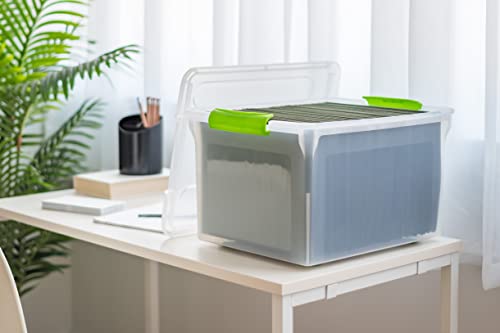 IRIS USA 4-Pack 35 Qt. File Box Organizer with Lid, Clear | Organize classroom documents, lesson plans and teaching materials with secure storage for teachers, schools and educators - style: Clear/Green - 4 Pack