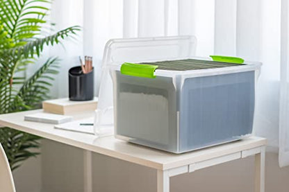 IRIS USA 4-Pack 35 Qt. File Box Organizer with Lid, Clear | Organize classroom documents, lesson plans and teaching materials with secure storage for teachers, schools and educators - style: Clear/Green - 4 Pack