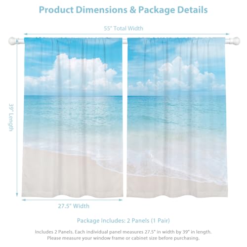 zokyer Coastal Kitchen Curtains, Beach Theme, 27.5" W x 39" L, Rod Pocket | 2 Panels, Hawaiian Tropical Nautical Seascape, S-ummer Blue Sea Sky Ocean Landscape, Sand Short Window Drapes Tiers Decor - size: 27.5"W x 39"L (Pack of 2)
