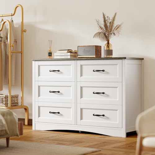 Gizoon 47" 6 Drawer Dresser, White & Grey Chest of Drawers Bedroom | 6 drawer wood dresser with metal handles. Storage cabinet organizer for bedroom, kids nursery room and home office - color: Grey