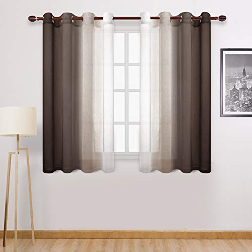 DWCN Ombre Short Sheer Curtains - Faux Linen Semi Voile Gradient Light-Filtering Bedroom and Living Room Curtains, Set of 2 Grommet Top Window Drape Panels, 52 x 45 Inch Length, Chocolate Brown - color: Chocolate Brown, size: 52"W x 45"L (Pack of 2)