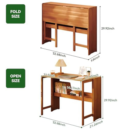 Bamboo Folding Desk Mid Century Modern Desk for Home Office Bedroom Small Spaces, Brown - color: Brown, size: 21.65"D x 32.68"W x 29.92"H
