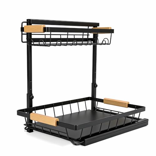 2-Tier Multi-Purpose Bathroom Under Sink Organizers and Storage, Black Adjustable Rack with Wooden Handles for Stackable Kitchen Pantry Organization