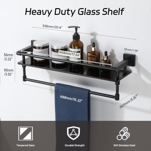 Alise Bathroom Shelf with Towel Bar, 20 Inch Matte Black Glass Shelf | Tempered Glass Bathroom Shelves for Wall Mounted, Modern Glass Shelf with 304 Stainless Steel Railing - color: Matte Black, size: 20 In