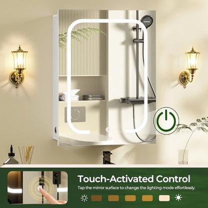 Lighted Bathroom Medicine Cabinet with Mirror, LED Bathroom Vanity Mirror with Storage, 3 Color Temperatures, Wall Mounted Bathroom Cabinet, Adjustable Shelves, Touch-Sensitive Control, White