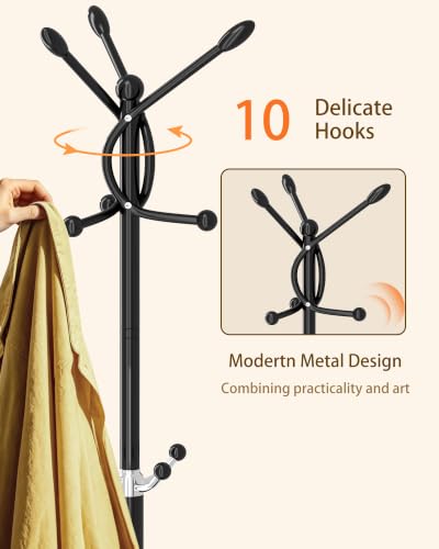 Metal Coat Rack, Modern Coat Rack Stand, Heavy Duty Coat Tree Stand - color: Black-10Hooks