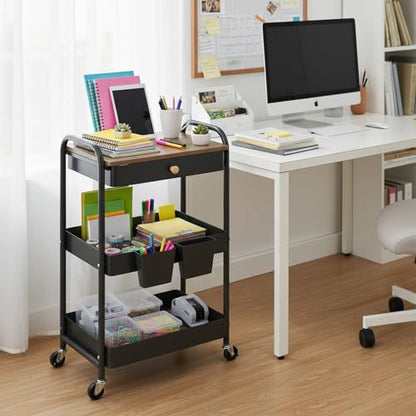Rolling Cart with Drawers, Black Storage Cartwith Locked Wheels, Hooks & Hanging Cups for Any Room - color: Black