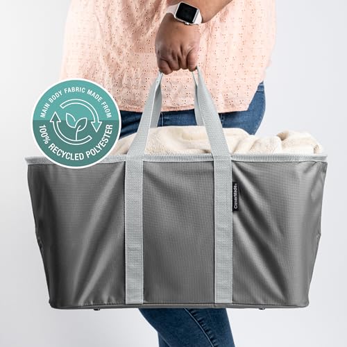 CleverMade Collapsible Laundry Tote, 50L Carry-All Tote, 2 Pack, Charcoal | Carry a Full Load with One Hand | Long Center Handles Balance 55 lb, While the Steel Rim Holds Shape and Folds Flat - color: Charcoal Gray