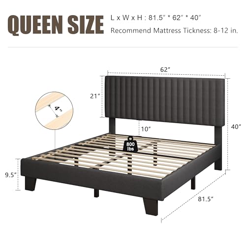 Einhomn Queen Size Bed Frame with Headboard, Upholstered Linen Platform Bedframe with Solid Wooden Slats, Noise-Free, No Box Spring Needed, Easy Assembly, Dark Grey - color: Dark Grey, size: Queen