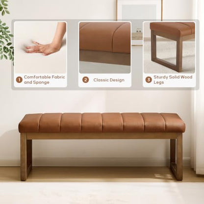 52.7" Bedroom Bench for End of Bed, Faux Leather Entryway Bench (Brown-PU) | Modern Upholstered Dining Bench & Footrest Stool Bench with Solid Wood Frame for Bedroom, Living Room - color: Brown-pu