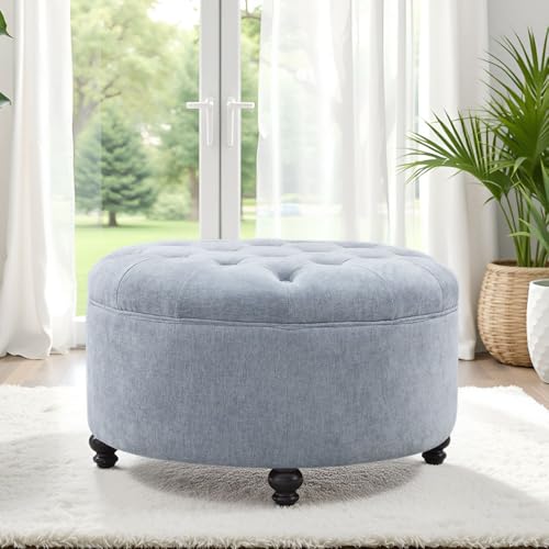 HUIMO 30-Inch Round Storage Ottoman, Button Tufted Coffee Table(Light Blue) | Ottoman Coffee Table with Removable Top, Upholstered Ottoman with Storage, Footrest Stool for Living Room, Bedroom and Office - color: Light Blue