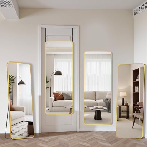 Suidia Full Length Mirror Over the Door&Wall Mounted, 48"x14" Door Mirror with Aluminum Alloy Frame, HD Shatterproof, No-Drill, Hanging Mirrors for Bedroom, Bathroom, Dorm, Closet, Rounded Rect, Gold - color: Gold, size: 48"L x 14"W, style: Rounded Rect