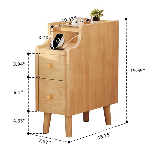 Narrow Nightstand with Drawers, 7.9" Solid Wood Side Table for Small Spaces, Small Bedside Table for Bedroom with Pull-Out Tray, Natural - color: Natural, size: 8"