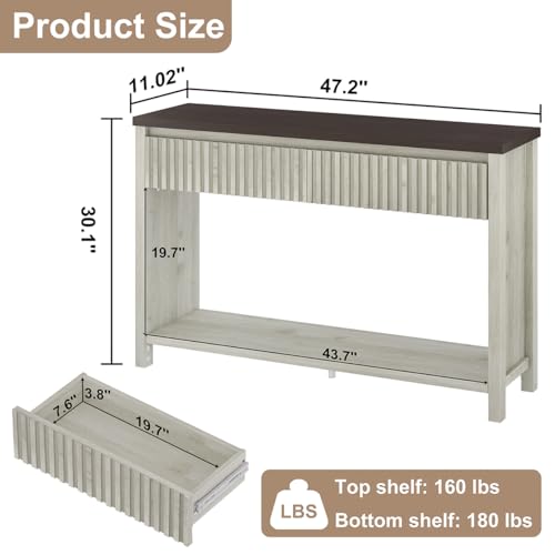 47In Entryway Table with Drawers, Sofa Tables with Storage | Console Tables for Entryway, Two-Tier Narrow Hallway Tables, Modern Fluted Panel, Walnut and Washed Grey Oak - color: Walnut and Washed Grey