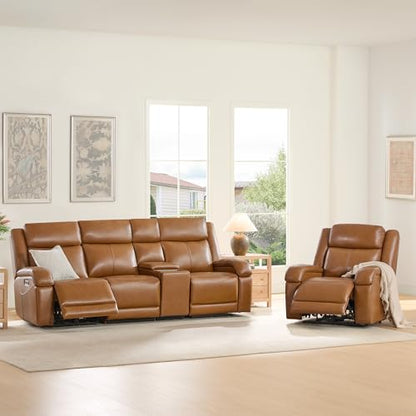 Watson & Whitely Wall Hugger Power Reclining Sofa with Console, Saddle | Genuine Leather Recliner Sofa, Power Headrests, Center Storage Console, Cup Holders, 3-Seater Couch, Living Room & RV - color: Saddle Brown, style: 3 Seater Sofa (with console)