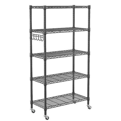 Homdox 5 Tier Metal Storage Shelves with Wheels, Heavy Duty Wire Shelving Unit, Adjustable Storage Racks with Side Hooks for Bathroom Kitchen Garage Pantry Organization, Black - color: Black, size: 29.92*13.78*62.20 inch