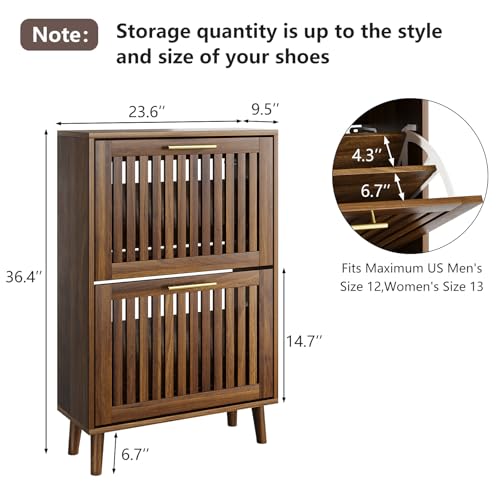 Shoe Cabinet for Entryway, Slim Narrow Shoe Storage Cabinet with 2 Flip Louvered Drawers, Freestanding Shoe Rack Organizer Cabinet for Hallway, Living Room, Walnut (23.6''W) - color: Walnut-23.6"w