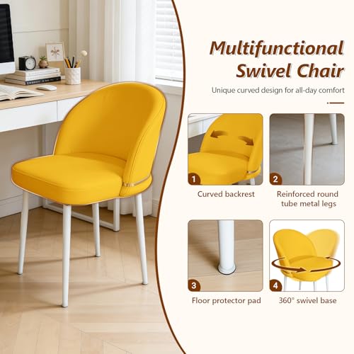 JPBSTO Swivel Vanity Chair No Wheels, Armless Desk Chair with Metal Legs, Accent Dining Chair with Ergonomic Backrest for Bedroom, Office, Dining Room, Yellow - color: Yellow, size: Set of 1