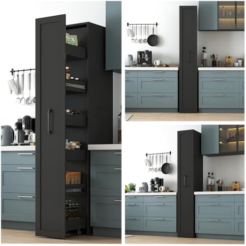 6-Tier Narrow Storage Cabinet with Wheels, 71 Inch Tall, Black | 11.81 Inch Deep Slim Rolling Pull-Out Organizer with Side Panels for Small Spaces, Kitchen, Bathroom and Laundry Room - color: F-black