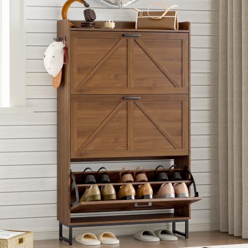 BORNOON Shoe Cabinet with 3 Flip Drawers Narrow Shoe Storage Cabinet Organizer Wooden Freestanding Shoe Rack Hidden Slim Shoes Storage Cabinet for Entryway, Hallway, Living Room, Bedroom - color: Walnut, size: 3-Drawer