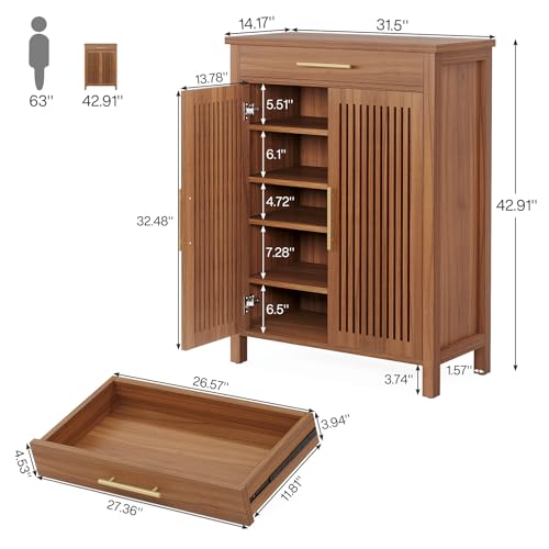 Tribesigns 5-Tier Shoe Storage Cabinet with Adjustable Shelves, Brown | Louvered Doors and Drawer, Freestanding Wooden Shoe Rack, For Entryway, Hallway, Closet - color: Brown