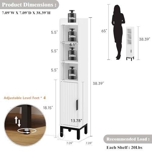 FerniTry Small Bathroom Storage Cabinet, Corner Floor Cabinet with Door and Shelves, Narrow Toilet Paper Cabinet, Bathroom Organizer with Adjustable Shelf for Small Spaces, White, 5-Tier - color: White, size: 5-Tier