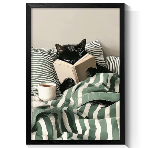 Funny Black Cat Canvas Wall Art, Cute Cat Reading Book In Bed with Coffee Aesthetic Poster, Cozy Striped Green Bedroom Animal Wall Decor, Bookish Art Print for Book Pet Lover 8x10in Framed - color: Cat 01, size: 10"L x 8"W, style: Framed