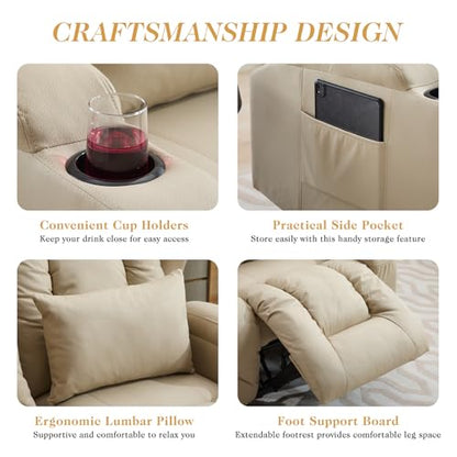 Loveseat Recliner Sofa,RV Wall Hugger Recliners with Console,Reclining Loveseat Sofa Recliner with Cup Holders/Lumbar Pillows for Small Spaces,RV Furniture (Beige,66" 2-Seater) - color: Beige, size: 66" 2-Seater