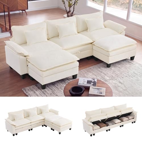 118" Modular Sectional Sofa with Storage, U-Shaped Cloud Couch | Deep Seat, Moveable Ottoman, Throw Pillows, Sofa Sleeper, Cloud Comfort Couches for Living Room Bedroom, Chenille Beige - color: Beige, size: 118"- 5 Seat U