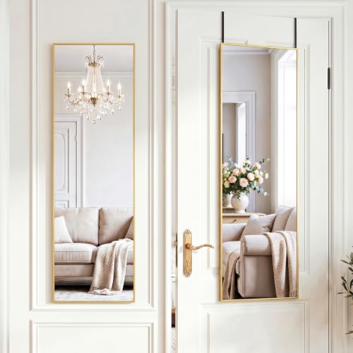 47"x14" Mirror Full Length, Wall Mounted/Over the Door, Gold | Full body mirror, Leaning or Hanging, Hooks & hardware included, Suitable for bedroom, living room, closet - color: Gold