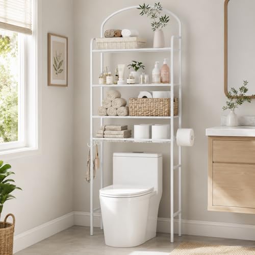 4-Tier Over The Toilet Storage, Bathroom Organizer | Space-Saving, 72"H Above Toilet Storage Rack with 4 Hooks and Paper Holder, Metal Shelf, White - color: White, size: 4-tier